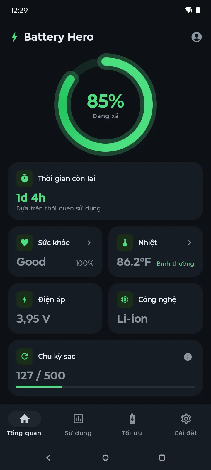 Bảng điều khiển Battery Hero hiển thị pin 97%, điểm sức khỏe, nhiệt độ, điện áp và chu kỳ sạc