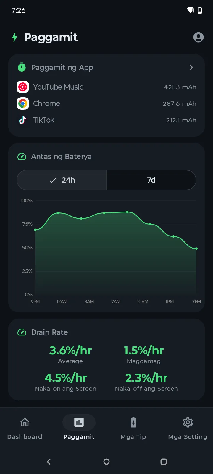 Usage screen ng Battery Hero na nagpapakita ng battery level chart at drain rates