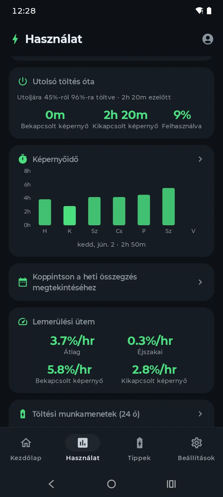 A Battery Hero használati képernyője az akkumulátor töltöttségi diagramjával és a lemerülési ütemmel