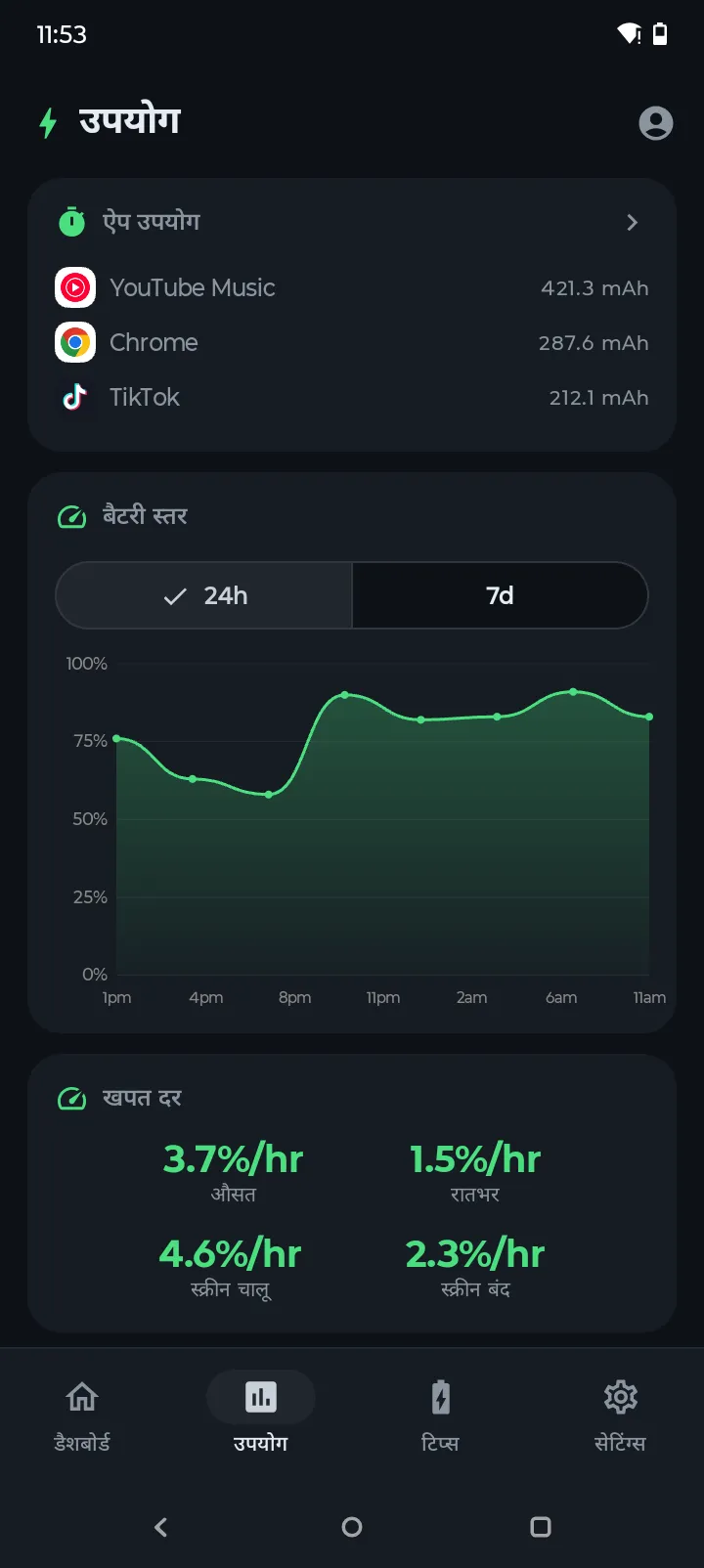 Battery Hero उपयोग स्क्रीन बैटरी स्तर ग्राफ़ और ड्रेन रेट के साथ