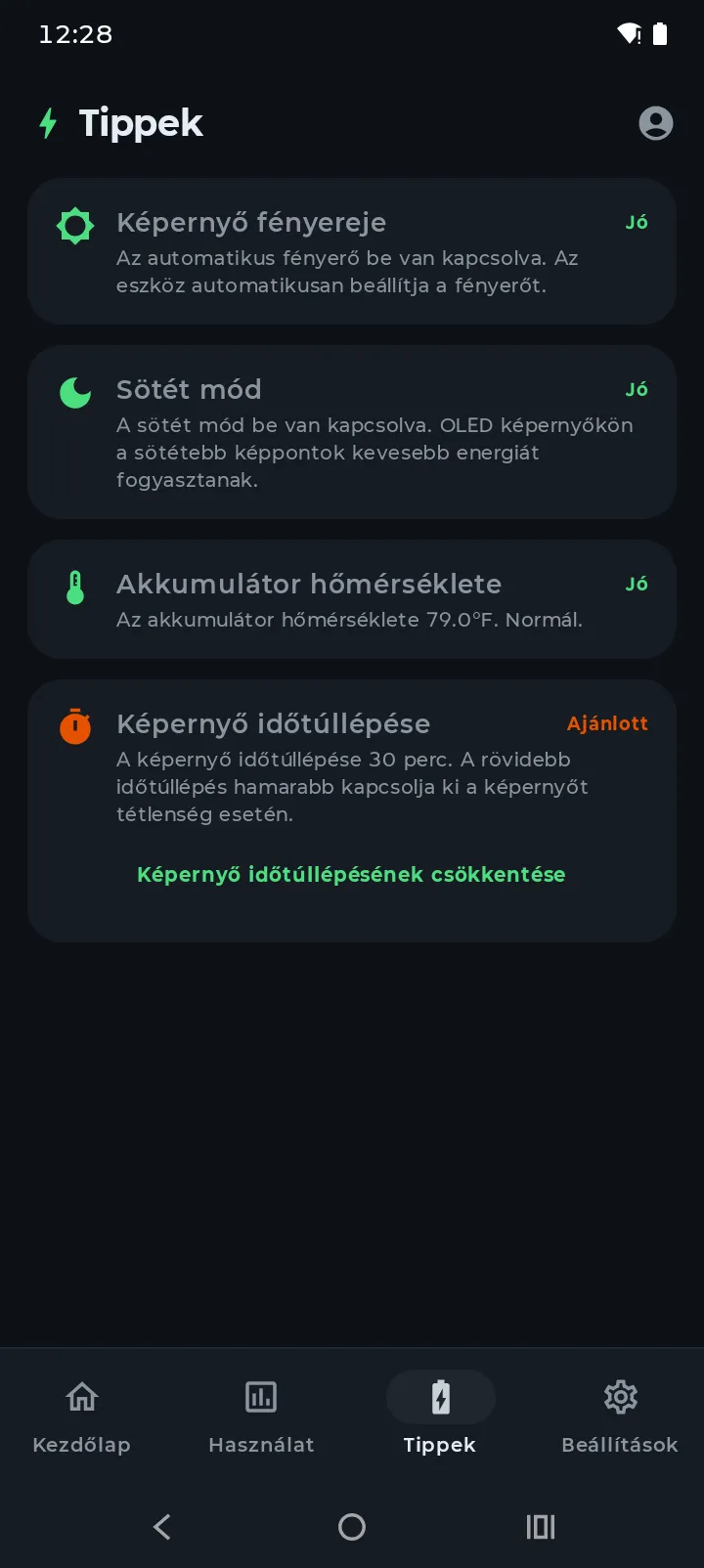 A Battery Hero Tippek füle a pontszámmal és személyre szabott akkumulátortippekkel