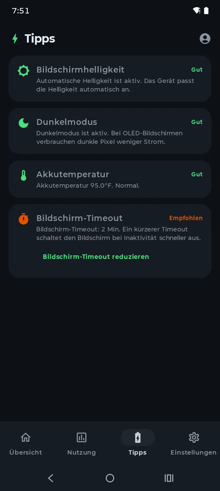 Battery-Hero-Tipps-Tab mit Score und personalisierten Akku-Tipps