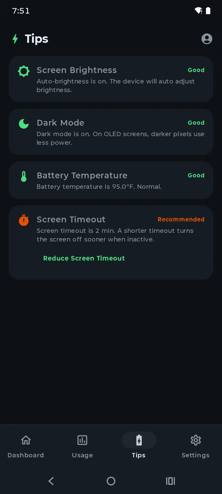 Battery Hero Tips tab showing score and personalized battery tips