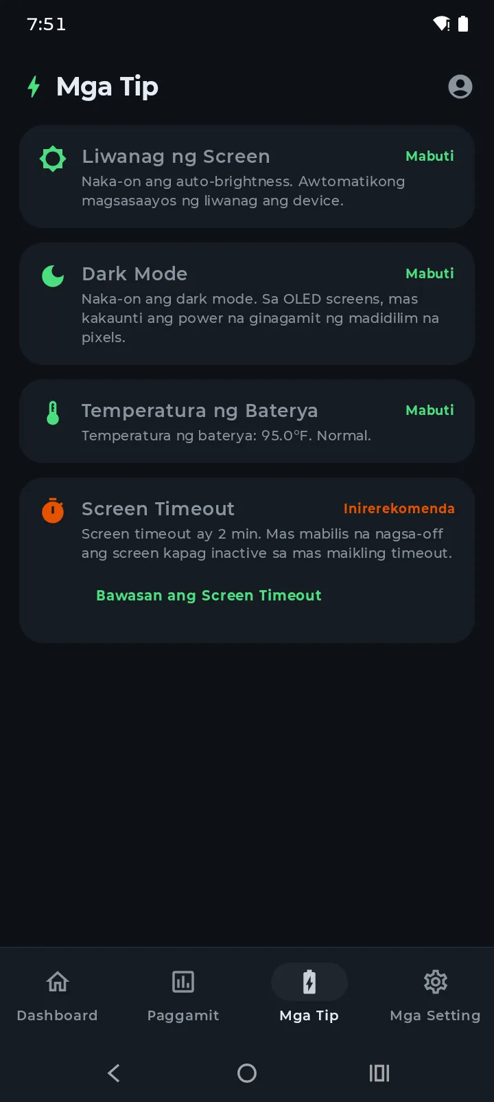 Tips tab ng Battery Hero na nagpapakita ng score at personalized battery tips