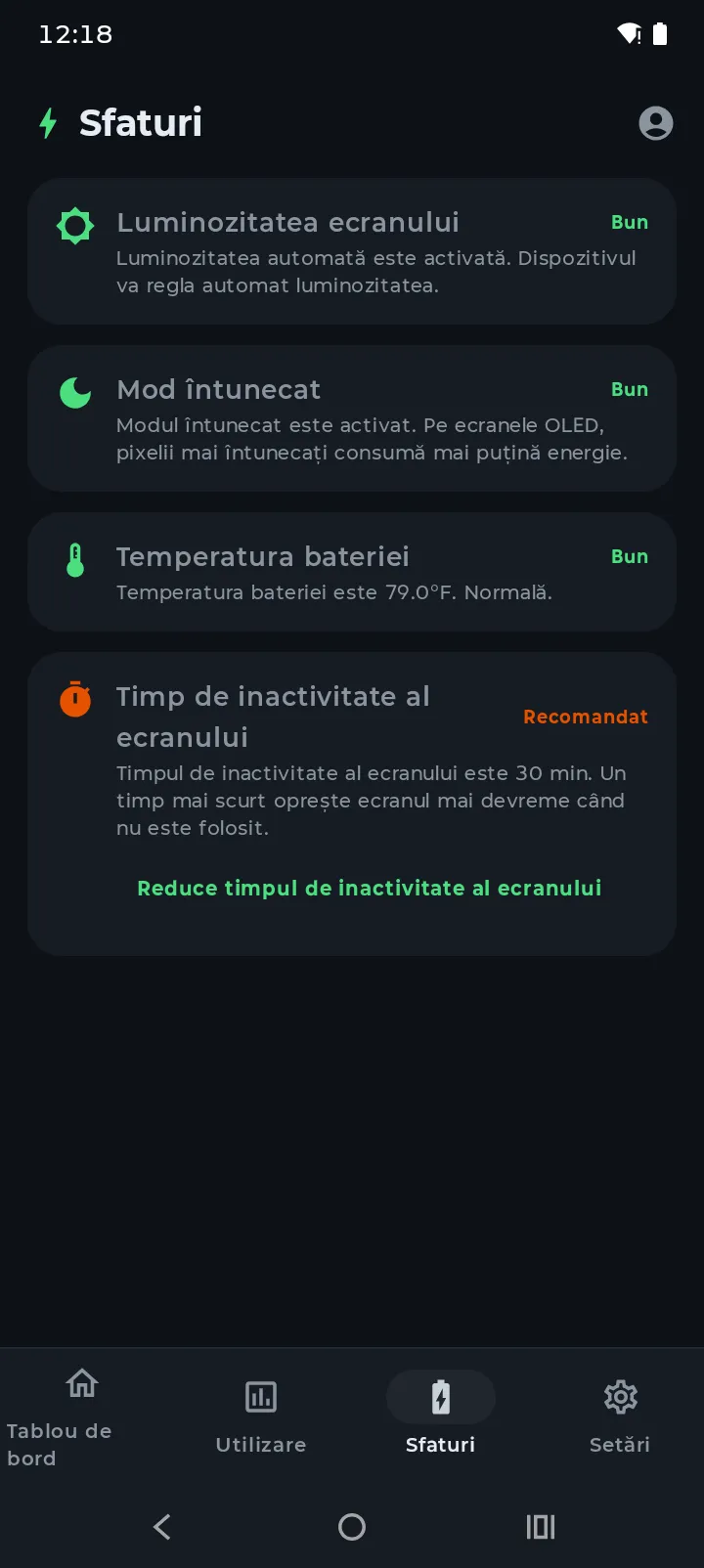 Fila Sfaturi Battery Hero arătând scorul și sfaturile personalizate pentru baterie