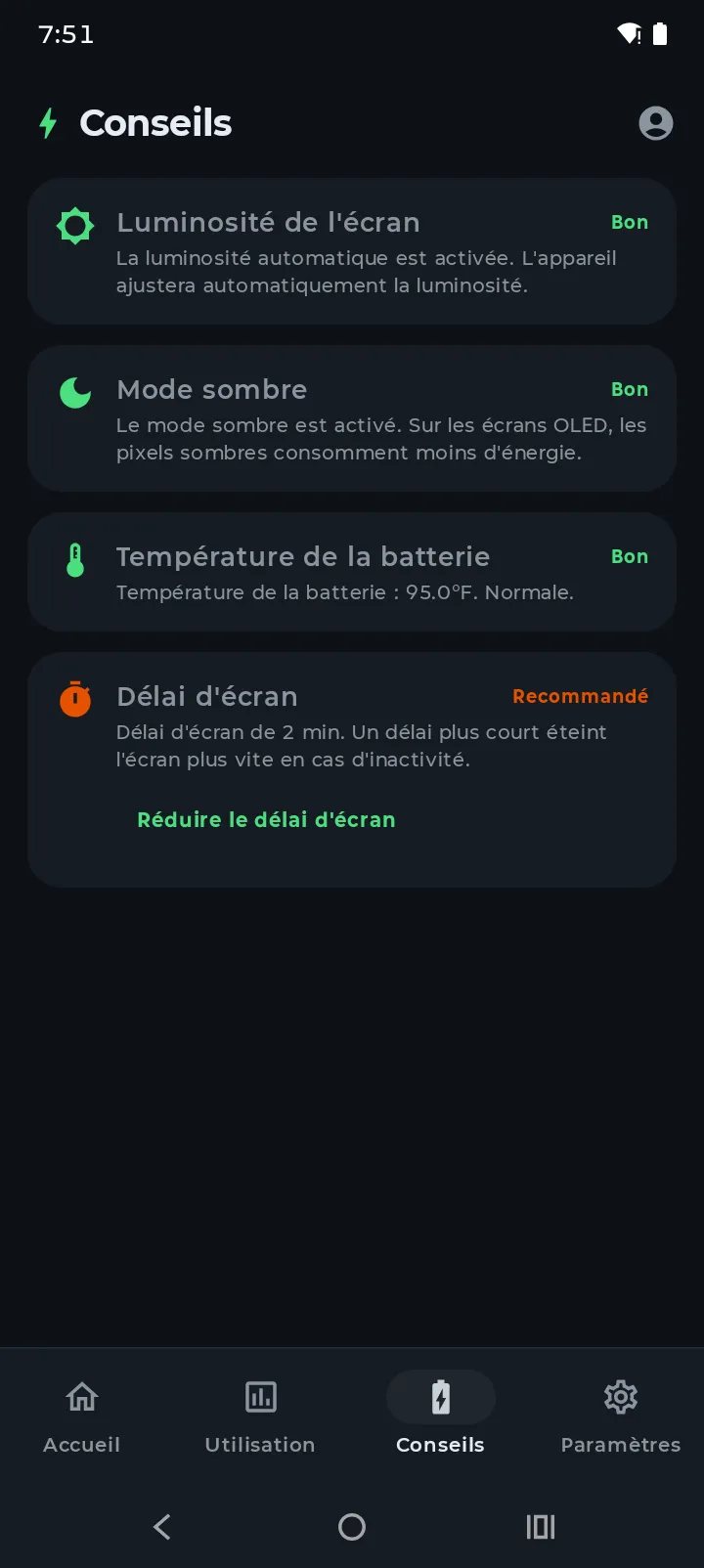 Onglet Conseils de Battery Hero affichant le score et des conseils personnalisés