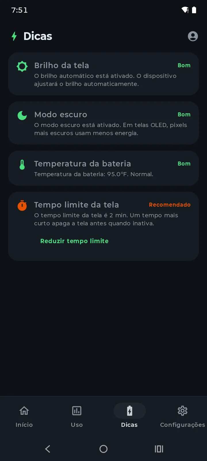 Aba Dicas do Battery Hero mostrando pontuação e dicas personalizadas de bateria