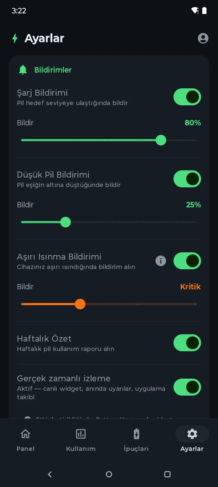 Battery Hero bildirim ayarları şarj, düşük pil, aşırı ısınma ve haftalık özet anahtarlarını gösteriyor