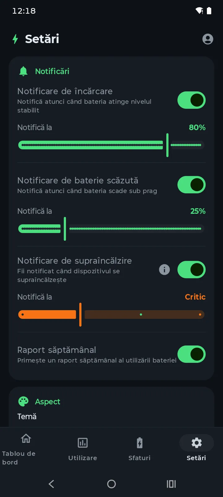 Setările de notificări Battery Hero cu comutatoare pentru încărcare, baterie slabă, supraîncălzire și rezumat săptămânal