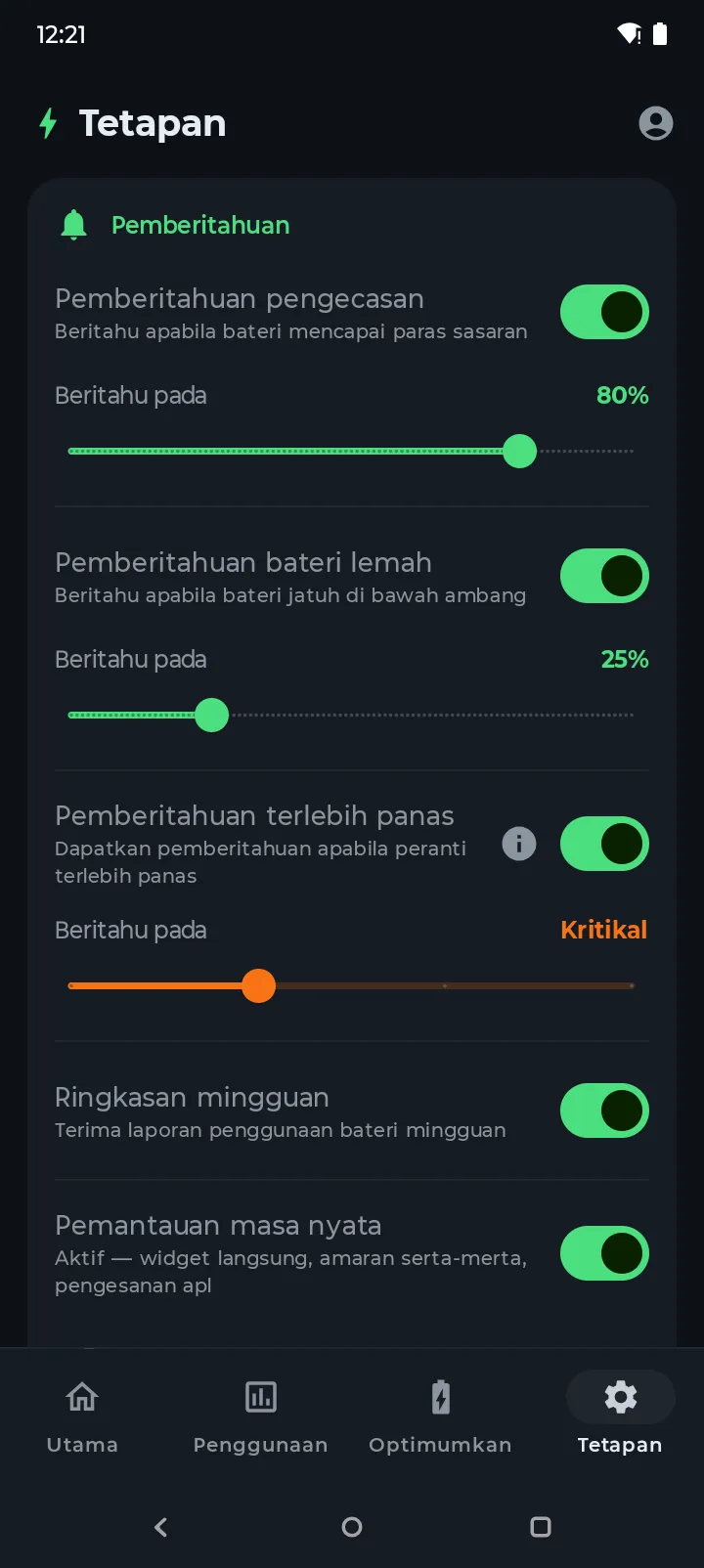 Tetapan pemberitahuan Battery Hero dengan togol pengecasan, bateri rendah, terlampau panas dan ringkasan mingguan