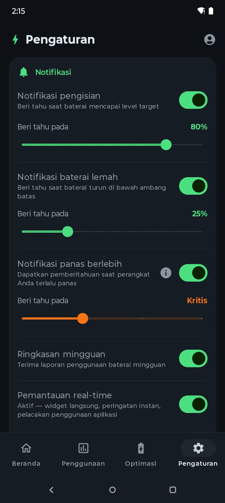 Pengaturan notifikasi Battery Hero dengan toggle pengisian, baterai lemah, suhu berlebih, dan ringkasan mingguan