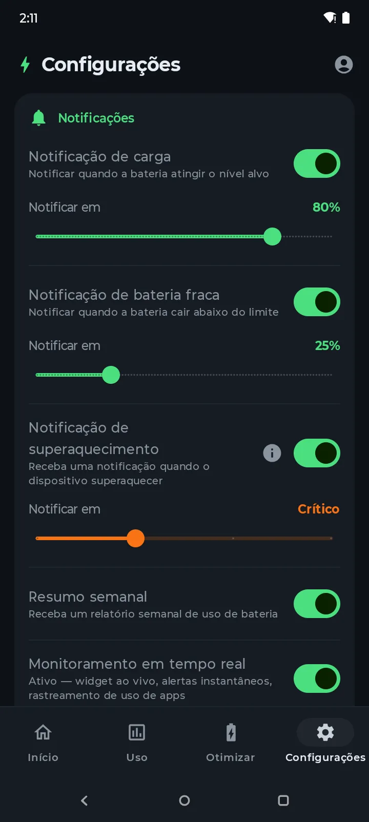 Configurações de notificação do Battery Hero com chaves de carga, bateria fraca, superaquecimento e resumo semanal