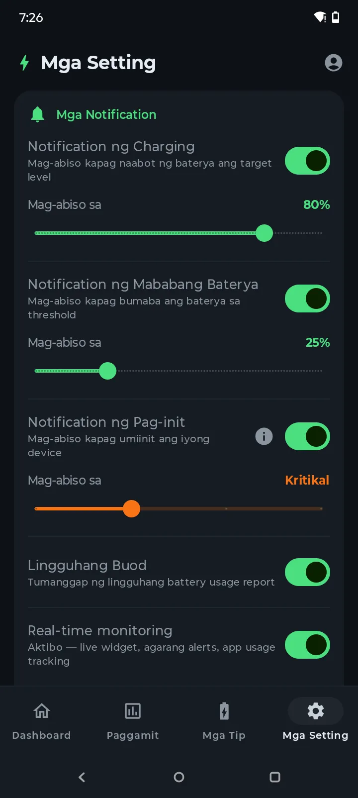 Notification settings ng Battery Hero na may charge, low battery, overheat, at weekly summary toggles
