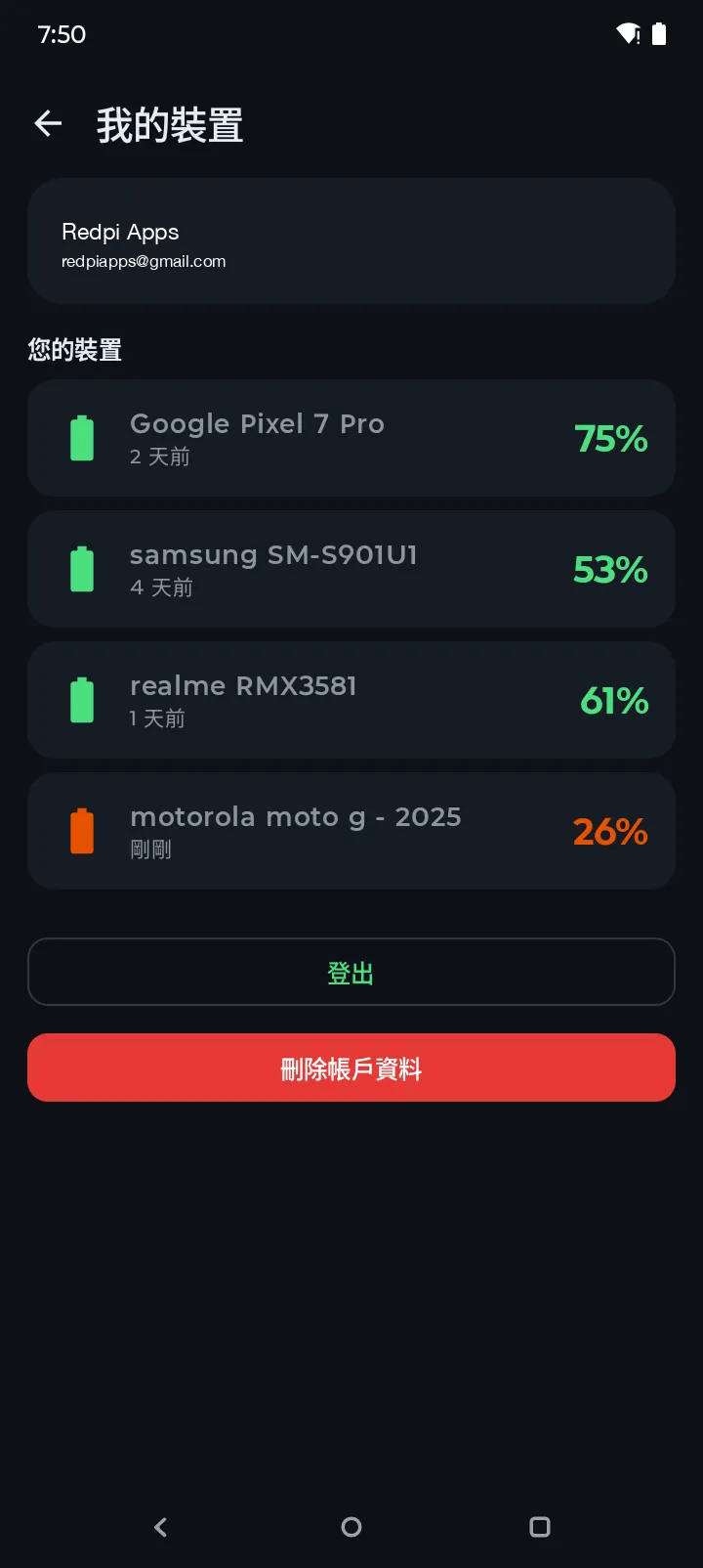 Battery Hero 我的裝置畫面列出三台已同步的 Android 裝置與其電量