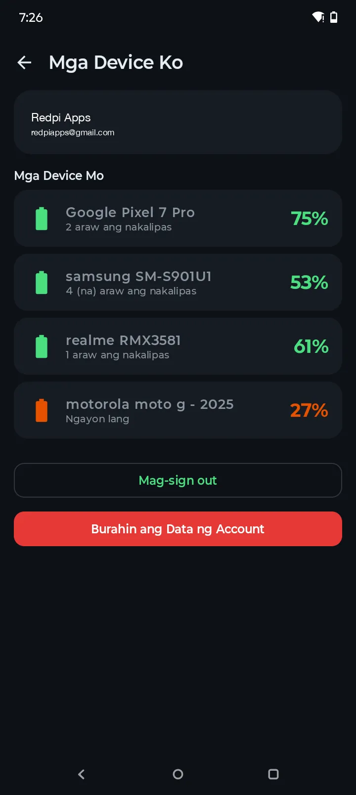 My Devices screen ng Battery Hero na naglilista ng tatlong synced Android devices na may battery levels