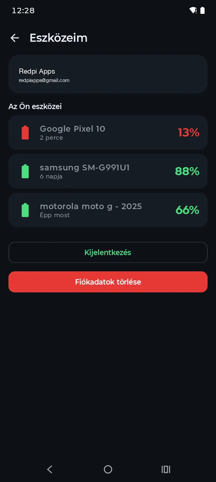 A Battery Hero Eszközeim képernyője három szinkronizált Android-eszközt mutat az akkumulátor töltöttségi szintjével