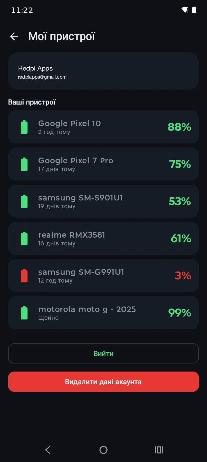 Екран Мої пристрої Battery Hero перелічує три синхронізовані пристрої Android з рівнями заряду