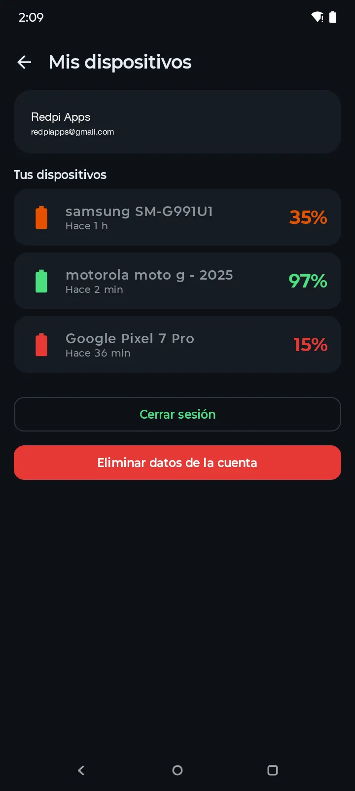 Pantalla Mis Dispositivos de Battery Hero listando tres dispositivos Android sincronizados con niveles de batería
