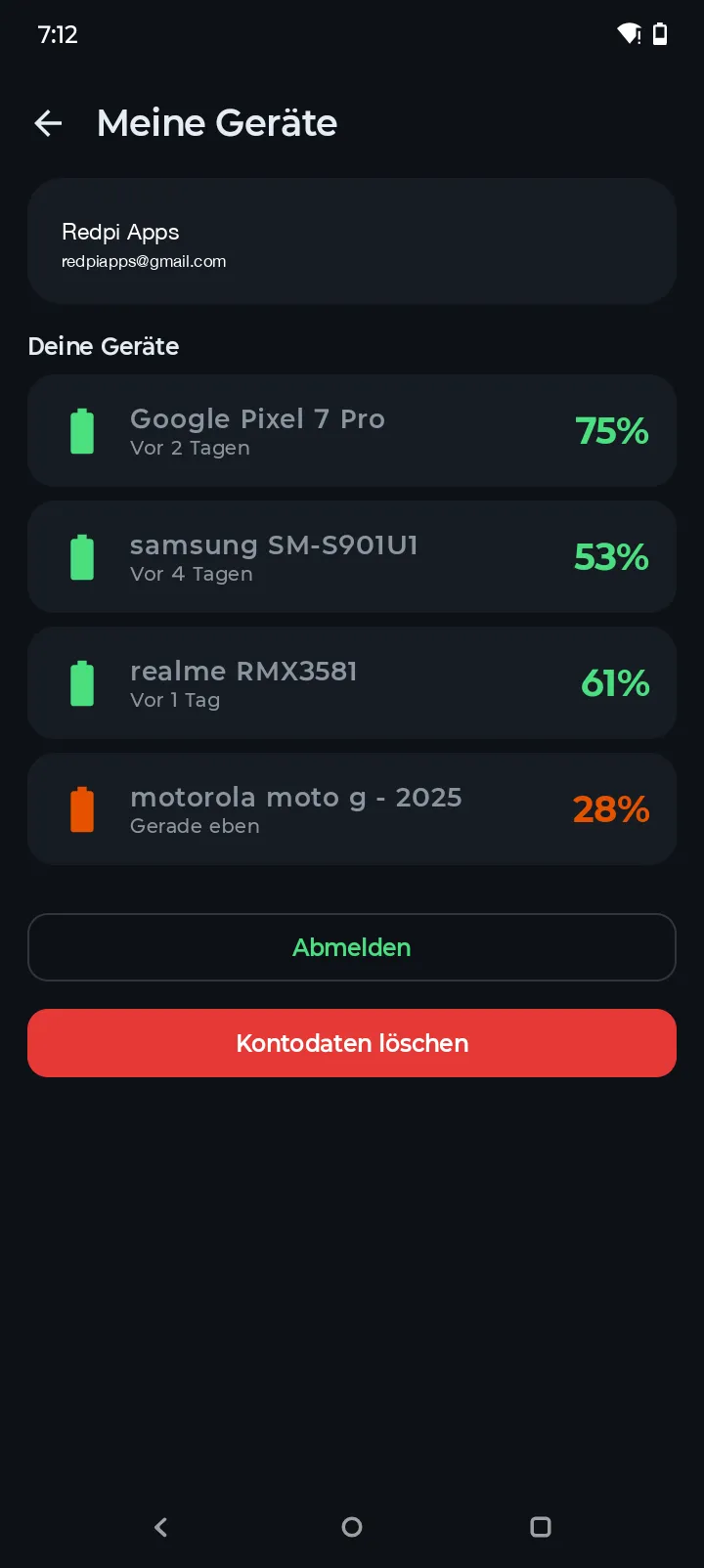 Battery-Hero-Bildschirm Meine Geräte mit drei synchronisierten Android-Geräten und Akkustand