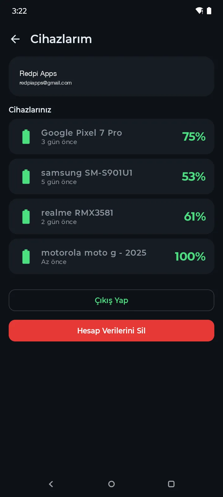 Battery Hero Cihazlarım ekranı üç eşitlenmiş Android cihazını pil seviyeleriyle birlikte gösteriyor