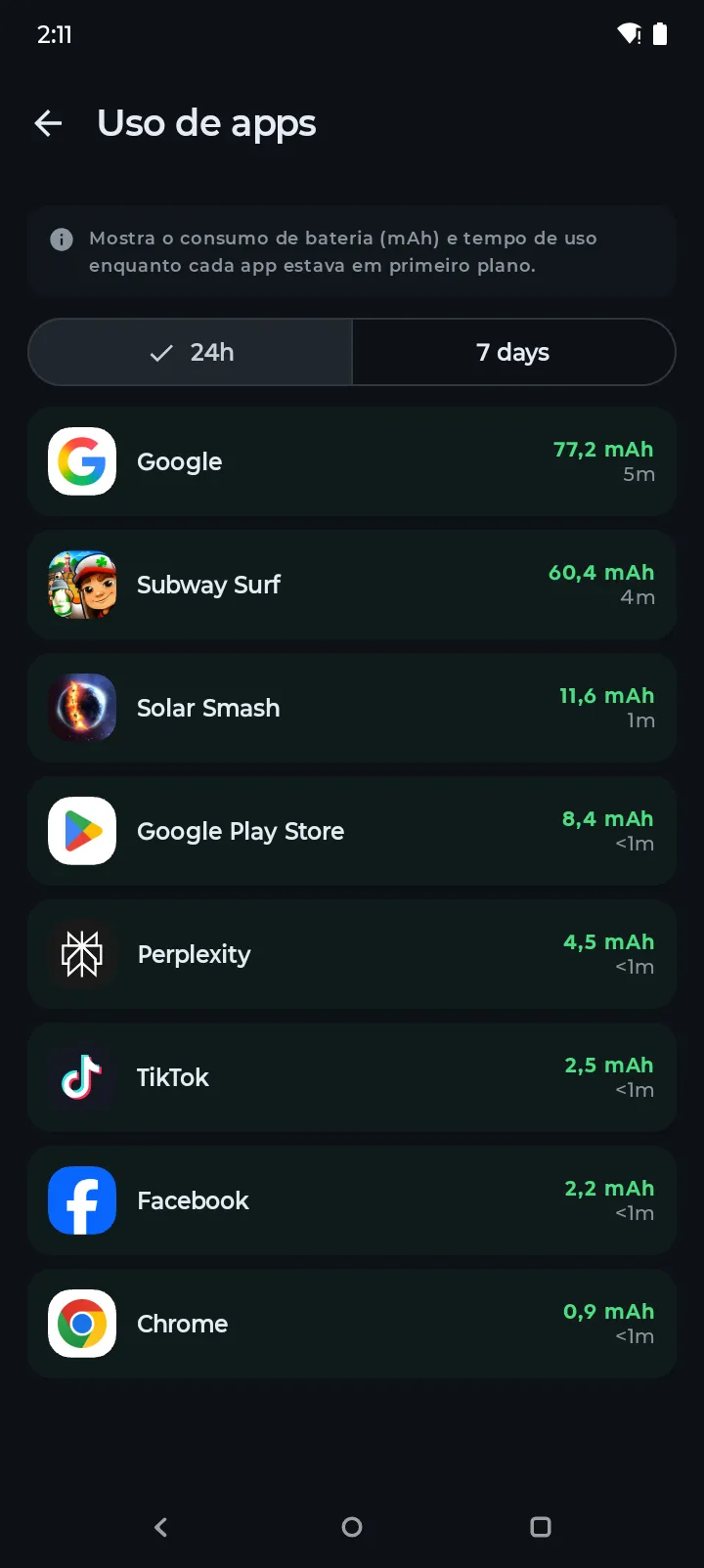Tela de Uso por App do Battery Hero classificando apps por consumo de bateria em mAh