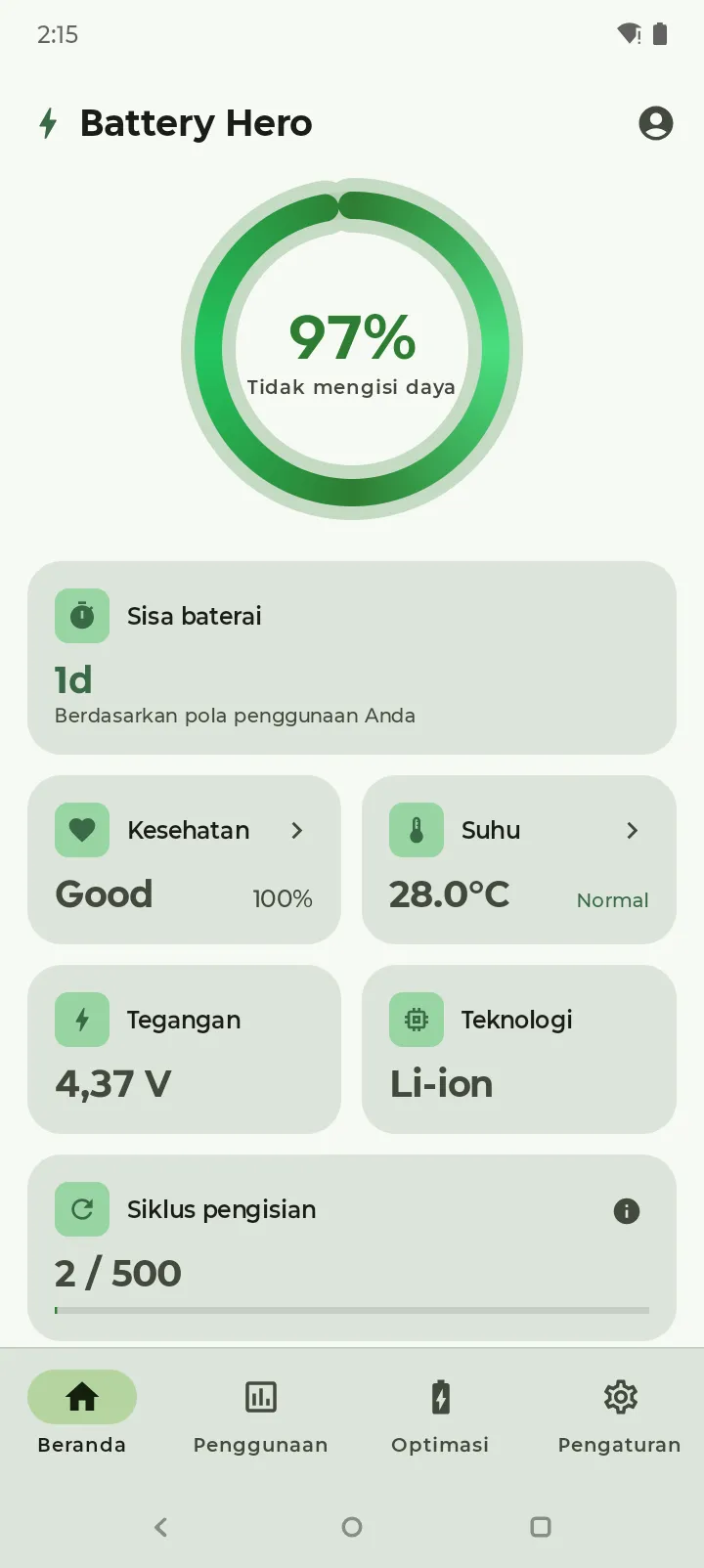 Dasbor Battery Hero dalam tema terang