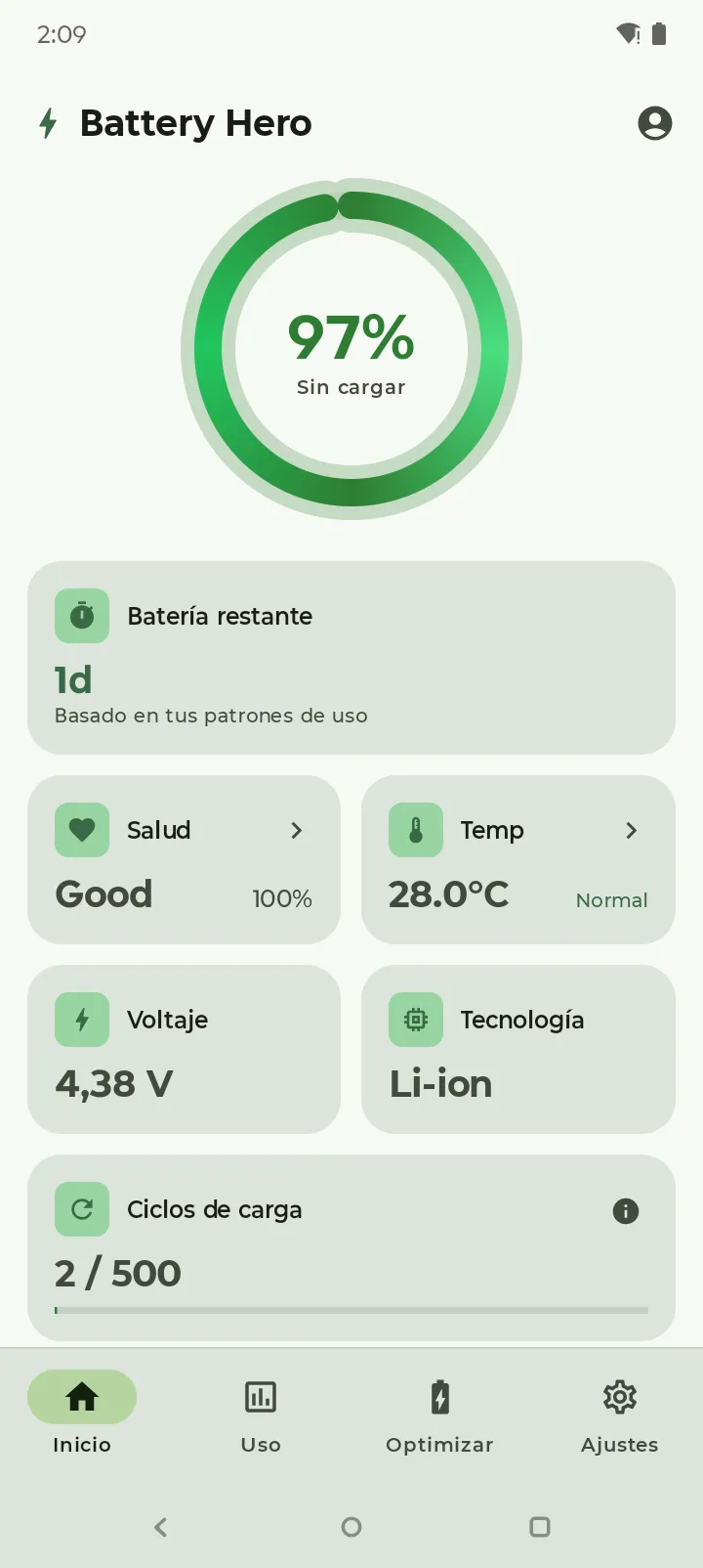 Panel de Battery Hero en tema claro