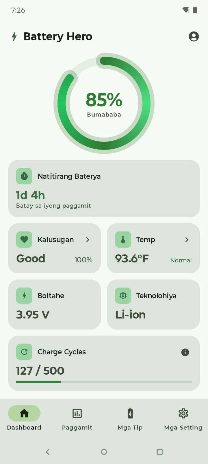 Dashboard ng Battery Hero sa light theme