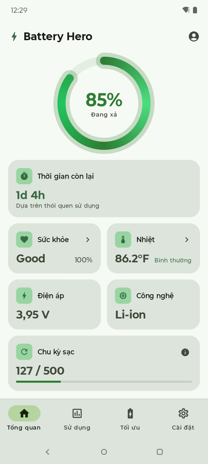 Bảng điều khiển Battery Hero ở chủ đề sáng