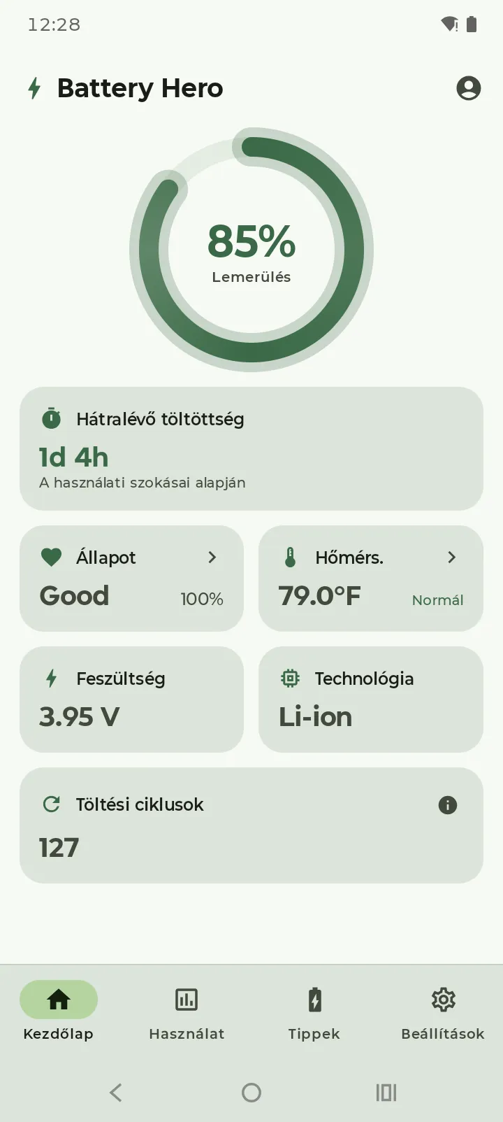 A Battery Hero irányítópultja világos témában