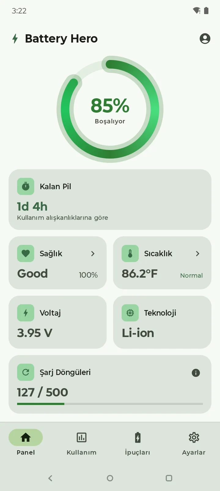 Aydınlık temada Battery Hero panosu