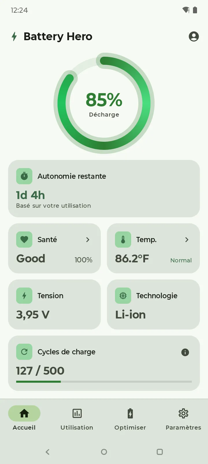 Tableau de bord Battery Hero en thème clair