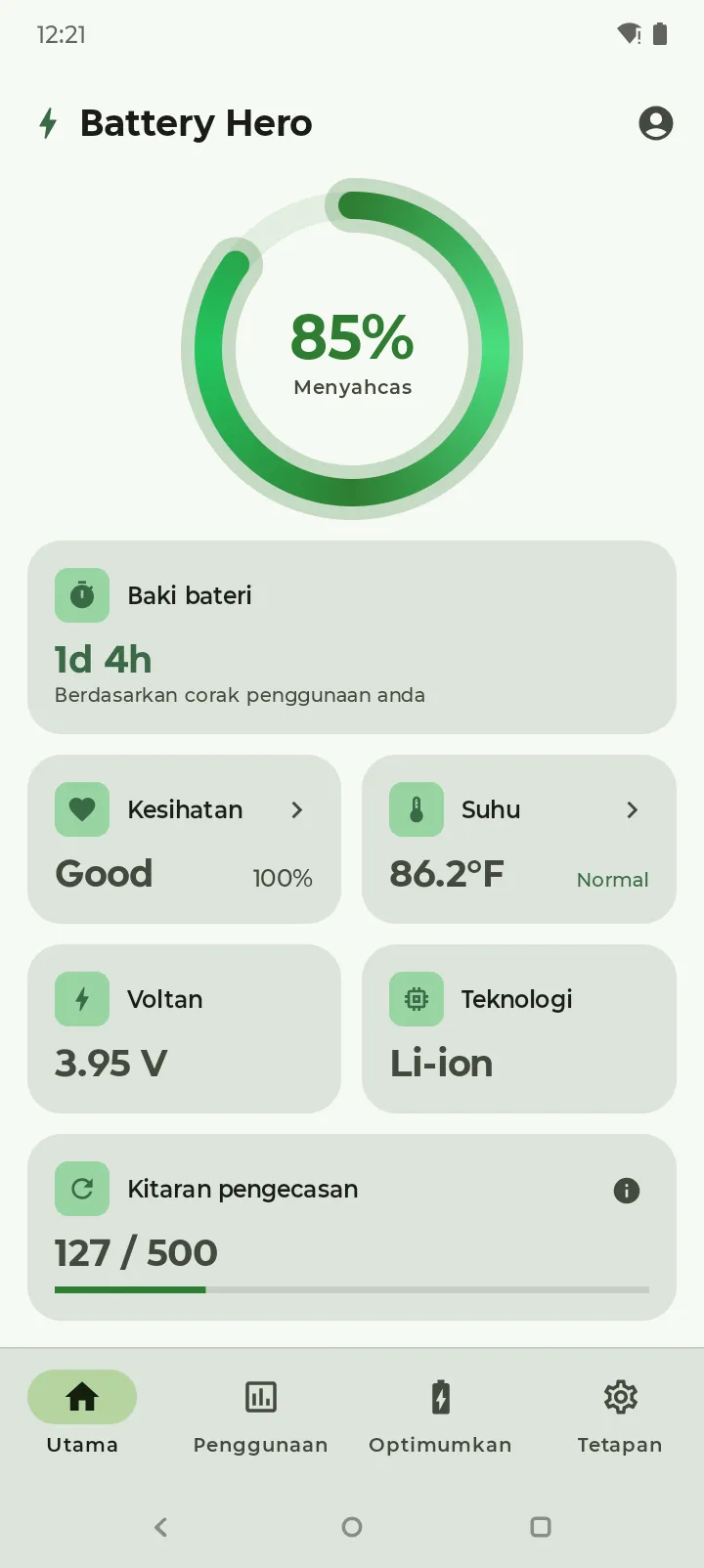 Papan pemuka Battery Hero dalam tema terang