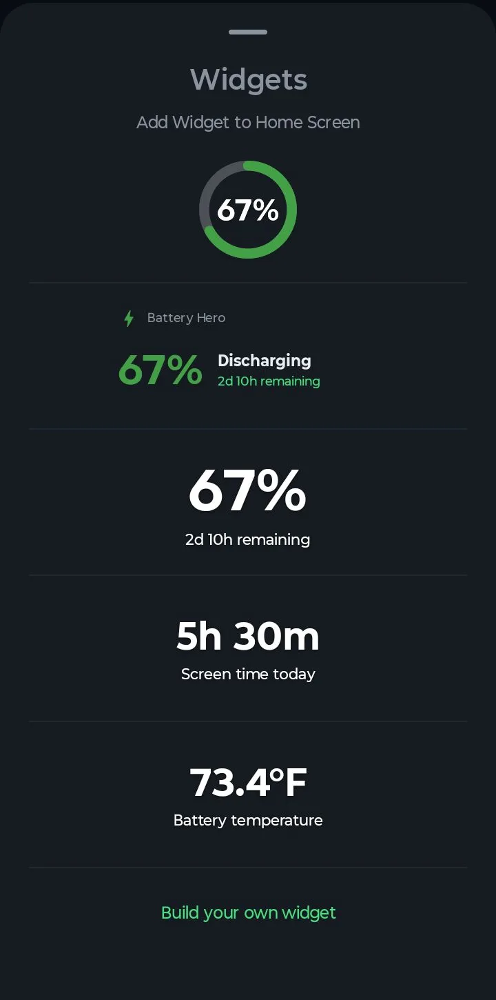 Battery Hero widget list with Build your own widget at the bottom