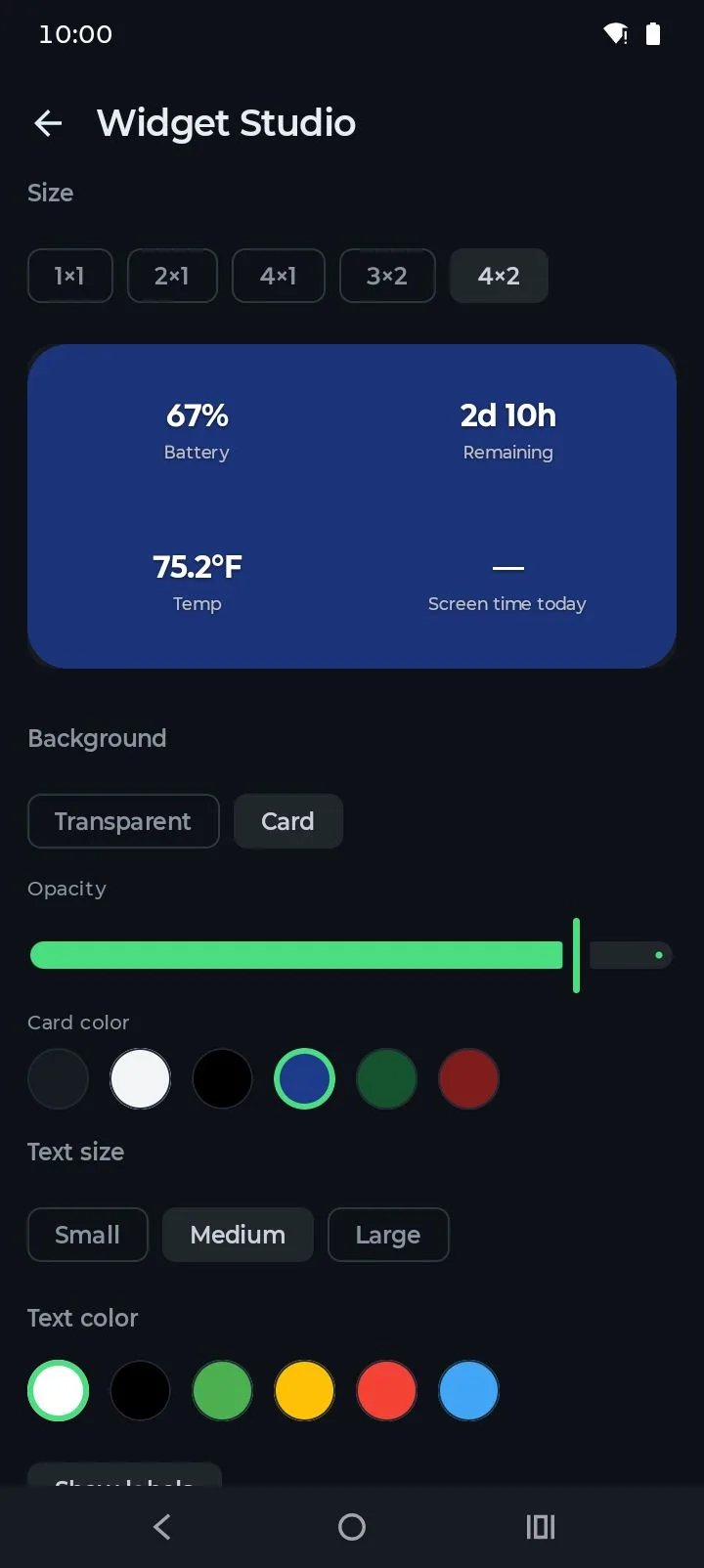 Studio de widgeturi Battery Hero construind un widget 4×2 cu baterie, timp rămas, temperatură și timp de ecran