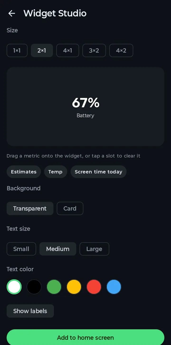 Widget Studio with the default 2×1 battery widget