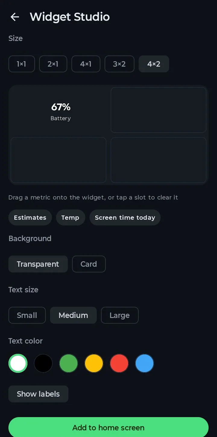 Widget Studio with the 4×2 size selected and three empty slots