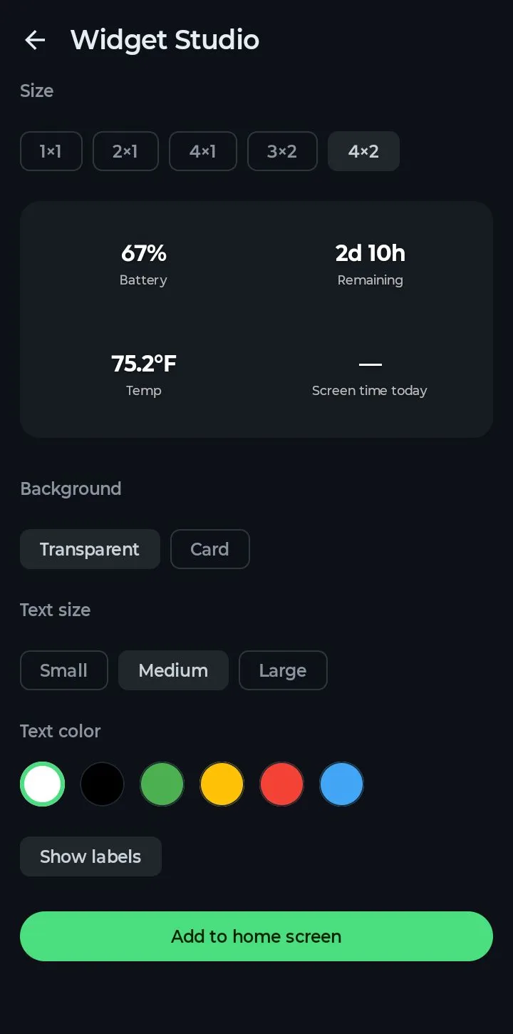 A 4×2 widget with battery, time remaining, temperature and screen time