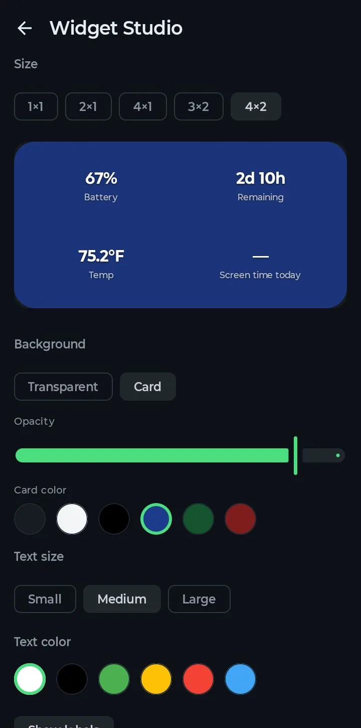 Widget Studio with a blue card background selected