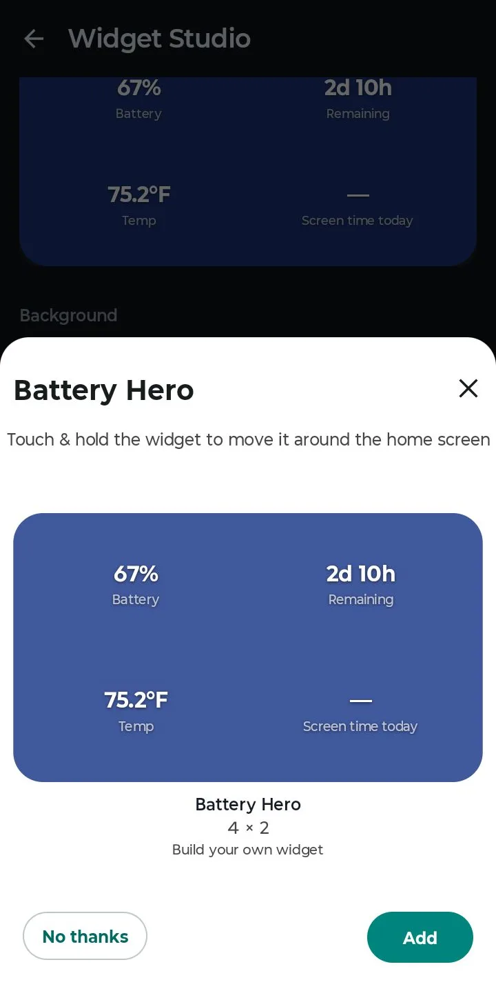 The launcher asking to add the Battery Hero 4×2 widget