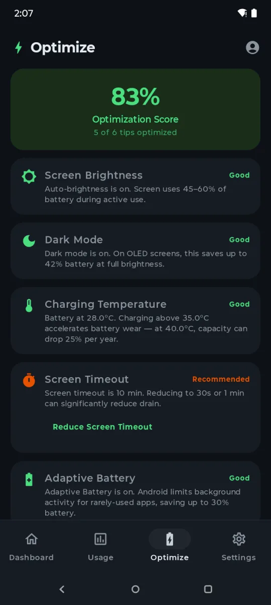 Battery Hero Optimize tab showing optimization score and tips