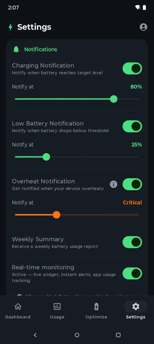Battery Hero notification settings with charge, low battery, overheat, and weekly summary toggles