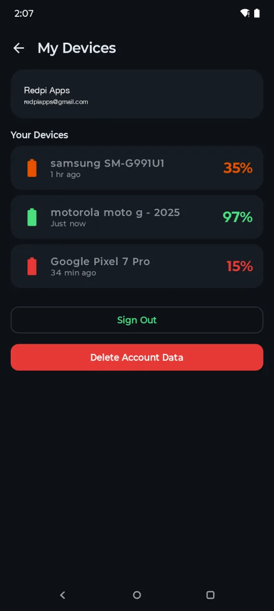Battery Hero My Devices screen listing three synced Android devices with battery levels