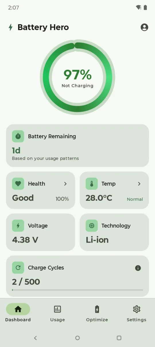 Battery Hero dashboard in light theme